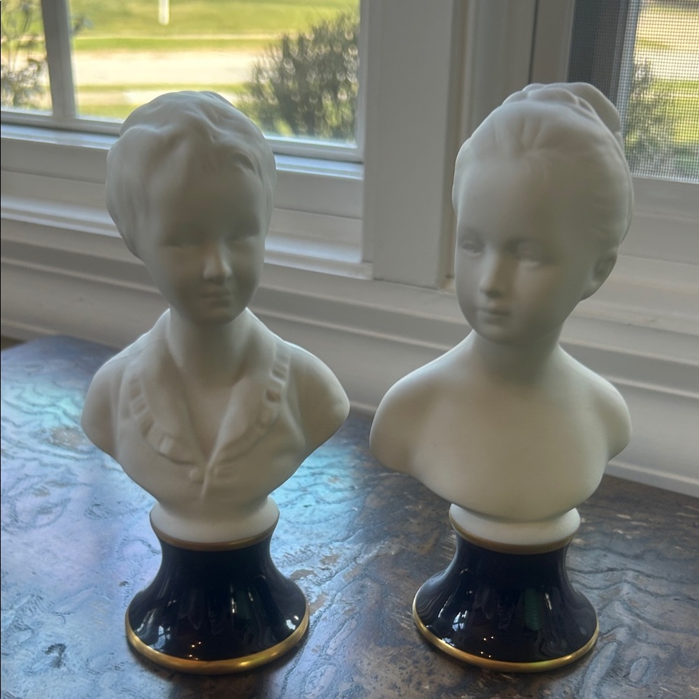 Limoges French Pair of White Bisque Porcelain Busts on Blueb& Gold Bases